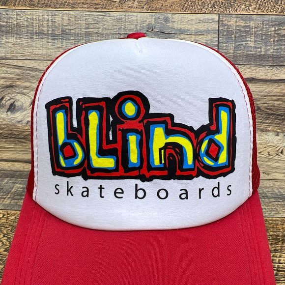 Blind Skateboard Mens Trucker Hat Red Snapback Streetwear 90s Logo Baseball Cap - Picture 3 of 8